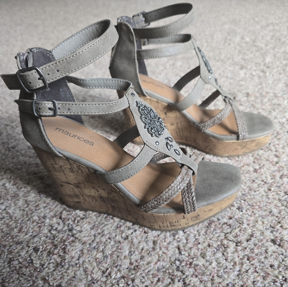 Maurices Taupe and Cork Wedge Sandals